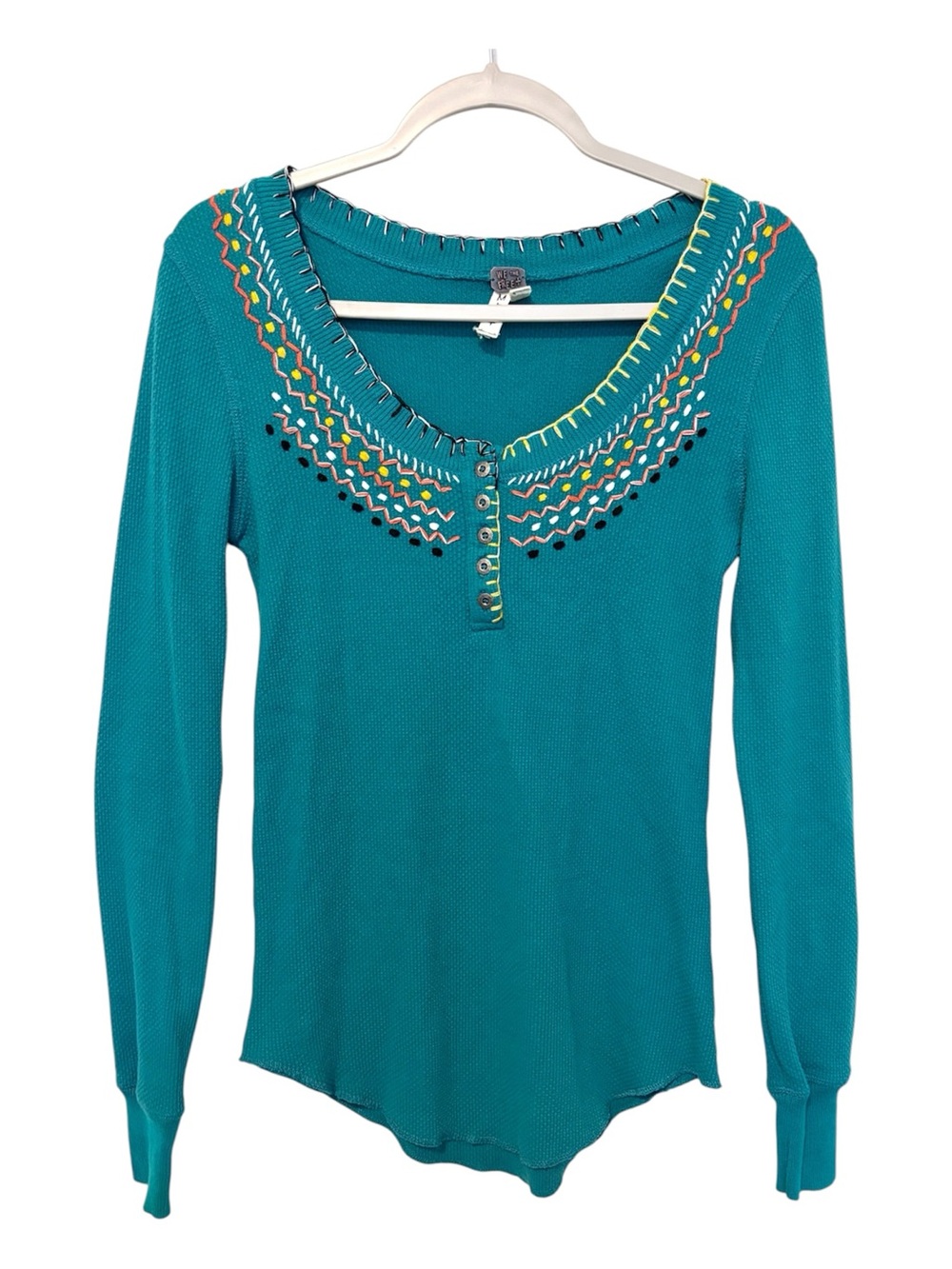 We The Free Teal Green Thermal Henley Embroidered Top Women’s Medium Bohemian